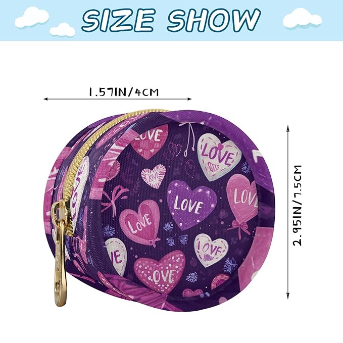 Pacifier Holder with Clip Pacifier Case for Diaper Bag Round Baby Pacifier Pouch Box Bag Portable Valentine Purple Love Heart Bows