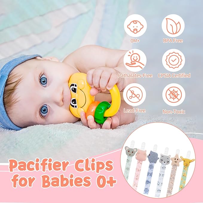 babygoal Doll Pacifier Clips with Pacifier Case, 6 Pack Binky Paci Holder Clips Leashes Fits for Most Baby Pacifiers and Binkies