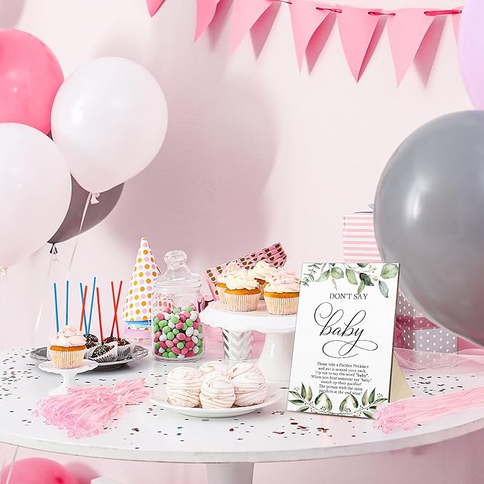 Geetery 51 Pcs Don't Say Baby Game Sign Greenery Cool Baby Shower Game 50 Pacifier Necklace Wooden Don't Say Sign Plastic Pacifier Party Favor for Gender Reveal(Greenery,Pink)