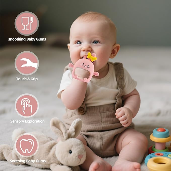 Chuya Baby Teething Toy for 0-3 3-6 6-12 12-24 Months Bunny Mitten Toys Anti-Drop Chewable Hand Teether for Infant,Food Grade Silicone Teether for Baby Newborn Sore Gums Teething Relief