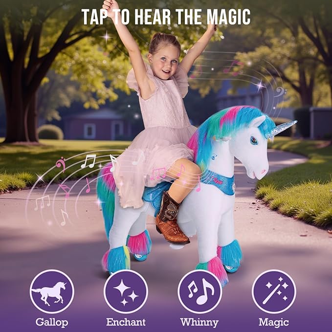 PonyCycle Rainbow Ride-on Unicorn Mechanical Pony Riding Horse Ride on Toy Advanced Model Y with Saddle for Kids Size 3 Ages 3–4, Indoor Outdoor with Wheels, for Children Y354