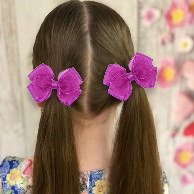 Tiny 3 Inch Organza Double Hair Bow Clips - Lined Boutique Alligator Hairpin for Baby Girls, Toddlers, and Little Teens - Kids Barrettes Set of 2 Small Stylish (Deep Purple)