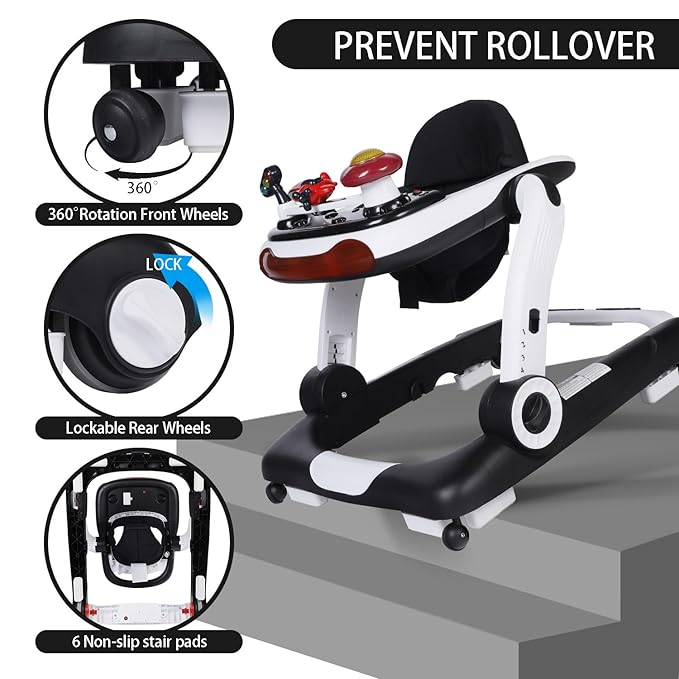 Kinder King Baby Walker with Music & Lights, 5 in 1 Baby Activity Walker with Wheel, Adjustable Height & Seat, Learning-Seated & Toddler Walk-Behind, Safety Bumper, Infant Walker Anti-Rollover, Black