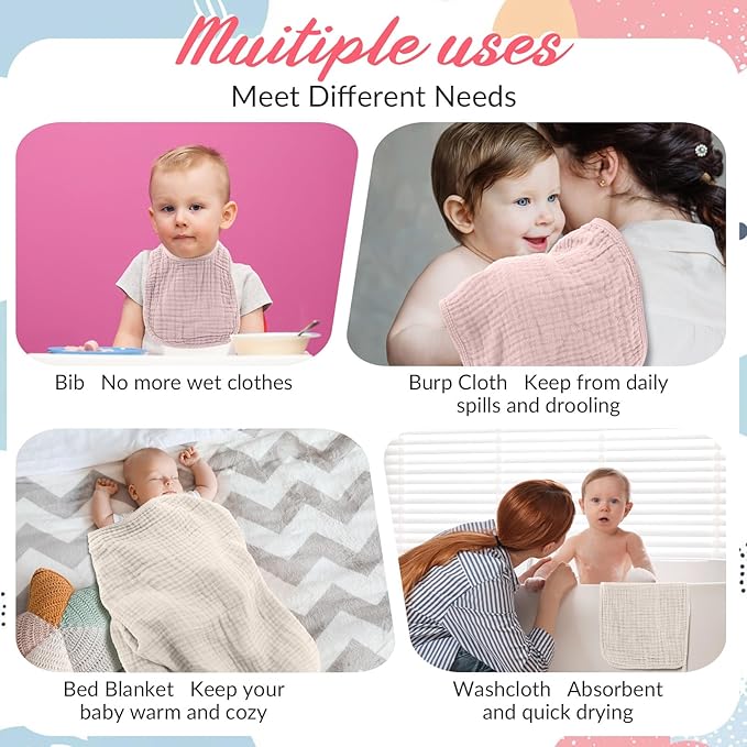Hahafelt 6 Pcs Muslin Hooded Bath Towels Washcloths and Bibs Set, Muslin Cotton Baby Towels Absorbent Hooded Blanket Towel Infant Bibs for Boys Girls Newborn Infant Essentials(Light Green,Light Gray)