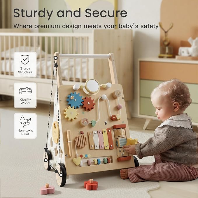 Wooden Baby Walker, Baby Push Walker for Boys and Girls 12 Months+, Adjustable Speed and Height Activity Walker, Montessori Push Toy for Toddler Learning to Walk