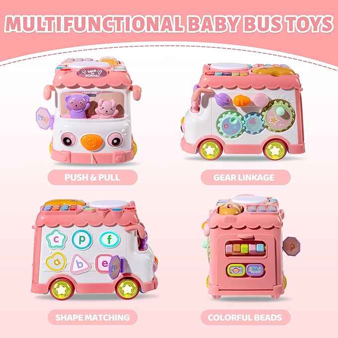 Toys for 1 Year Old Girl Gifts, 10-in-1 Montessori Toys Bus for Baby 6-12 12-18 Months, Educational Musical Learning Toddler Toy Age 1-2, 1st First Birthday Gifts for Girls and Boys, Pink