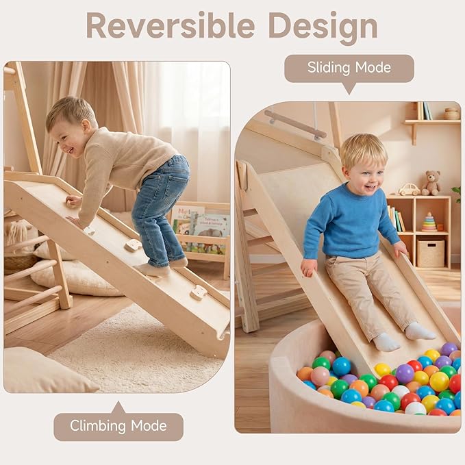 OLAKIDS Indoor Jungle Gym, 8 in 1 Wooden Montessori Toddler Climbing Toys with Adjustable Ramp Swing Slide, Monkey Bar Rope Ladder Waiting Area (Natural)