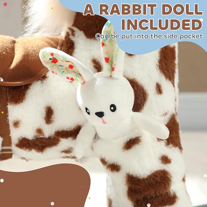Qaba Rocking Horse, Kids Plush Animal Rocker with Realistic Neighing Sound for Toddlers 2–5 Years Old, Soft Filling Ride on Horse with Rabbit Toy, Brown