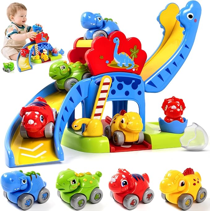 Marstone Toddler Toys 1 2 Year Old Boy Gifts: Dinosaur Slide with 4 Animal Cars Educational Baby Toys 12-18 Months, First 1st Birthday Gifts for Kids, Girls, Push Car Race Track for Toddlers 1-3