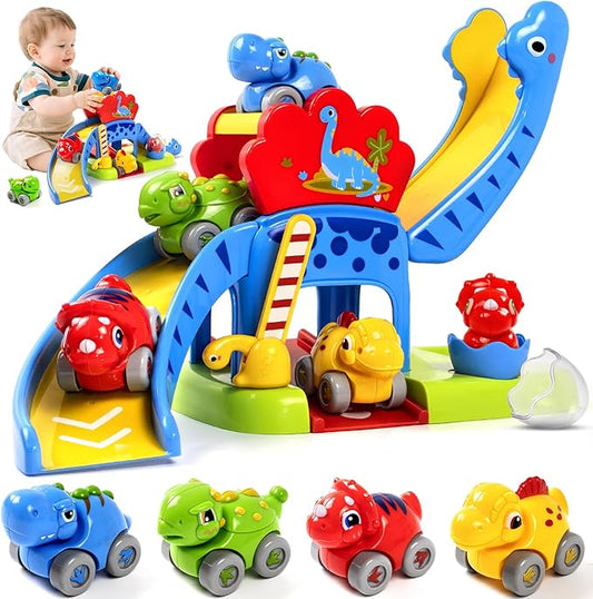 Marstone Toddler Toys 1 2 Year Old Boy Gifts: Dinosaur Slide with 4 Animal Cars Educational Baby Toys 12-18 Months, First 1st Birthday Gifts for Kids, Girls, Push Car Race Track for Toddlers 1-3