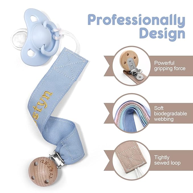 TYRY.HU Personalized Pacifier Clip with Name, Embroidery Ribbon Pacifier Holder for Baby Girls and Boys, Neutral Pacifier Leash Universally Fit All Pacifiers, 2 Pack Baby Gift(Khaki, Blue)