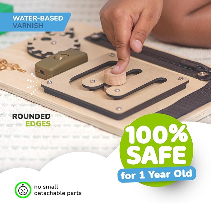 deMoca Sensory Busy Board for 1 Year Old, Travel Wooden Montessori Busy Board for Toddlers 1–3, Switch and Fidget Activity Board for Early Motor Skills and Travel Play