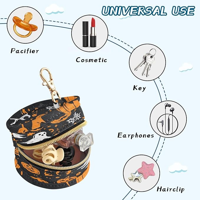 Pacifier Holder with Clip Pacifier Case for Diaper Bag Round Baby Pacifier Pouch Box Bag Portable Gothic Funny Halloween Ghost and Pumpkins