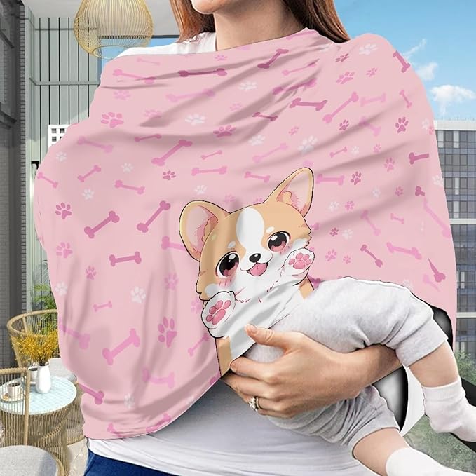Biyejit Pink Corgi Baby Car Seat Cover, Infant Carseat Canopy, Nursing Breastfeeding Cover, Stretchy Carrier Covers for Stroller/Shopping Cart, Newborn Registry & Shower Gift for Boys Girls