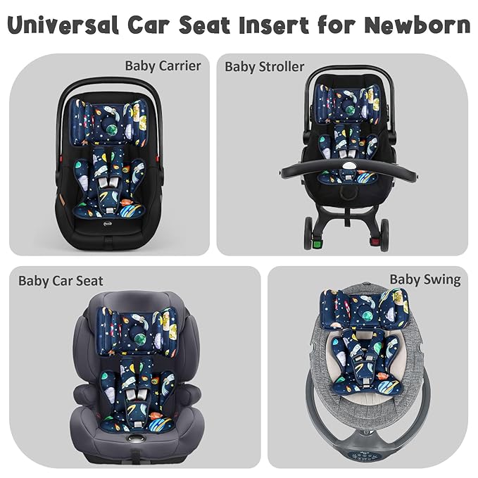 Infant Car Seat Insert with 2 Headrests for Doona|Graco, Thickened Baby Car Seat Cushion for Newborn, Car Seat Head Support Shoulder Covers Set Fits for Stroller, Baby Swing, Bouncer (Blue, Space)