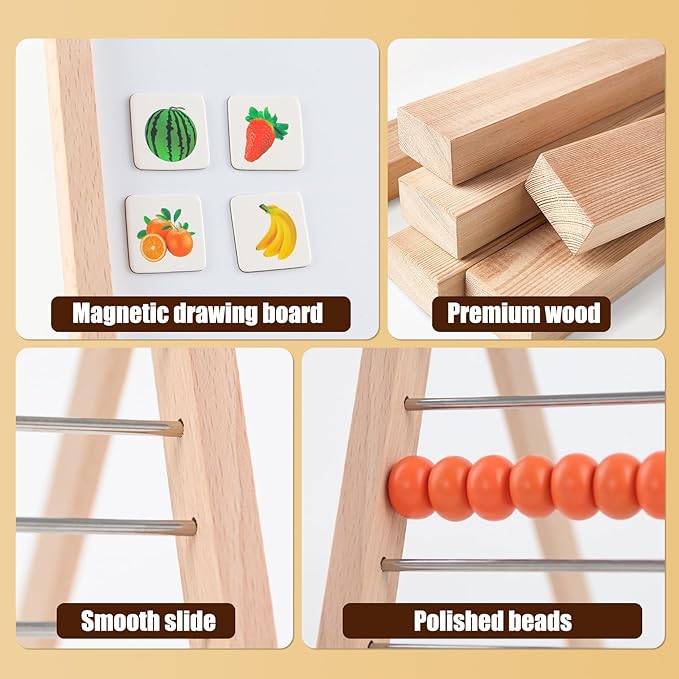 Wooden Abacus for Kids Math - Double-Sided Blackboard Whiteboard Magnetic Abacus with 100 Magnetic Number & Fruit Stickers - Educational Counting Games Kids Gift