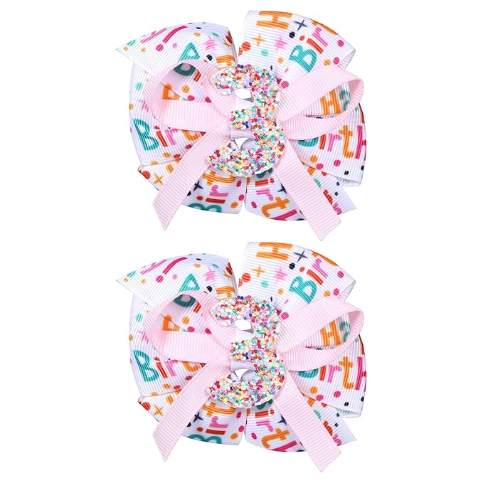 3.5" Glitter Happy Birthday Hair Bow Clips for Baby Girls 1-6 Ages Cute Pink Sprinkle Confetti Ice Cream Party Dress Pigtail Decoration Accessories Gift for Her 3rd Birthday