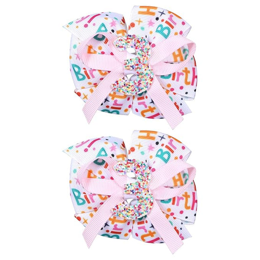 3.5" Glitter Happy Birthday Hair Bow Clips for Baby Girls 1-6 Ages Cute Pink Sprinkle Confetti Ice Cream Party Dress Pigtail Decoration Accessories Gift for Her 3rd Birthday