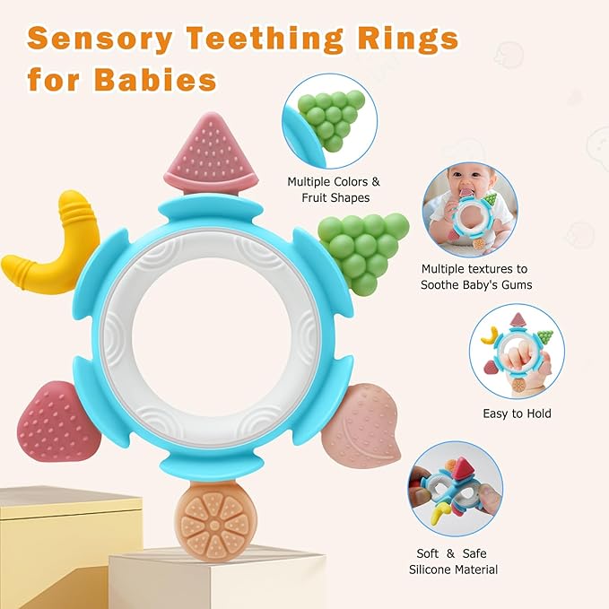 Baby Teething Ring Toy for 3-6-12 Months, Silicone Infant Teether for Sore Gum Relief, Soothing Sensory Chew Toy, Ideal Newborn Gift for Boys Girls Baby Shower, Birthday or Easter, Blue