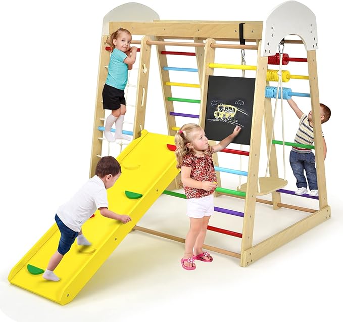Costzon Indoor Playground, 8-in-1 Montessori Jungle Gym Beech Wood Climbing Toys for Toddlers w/Double-Sided Slide, Climbing Rock/Net, Indoor Playground Climber Playset for Kids 3+ Years (Rainbow)