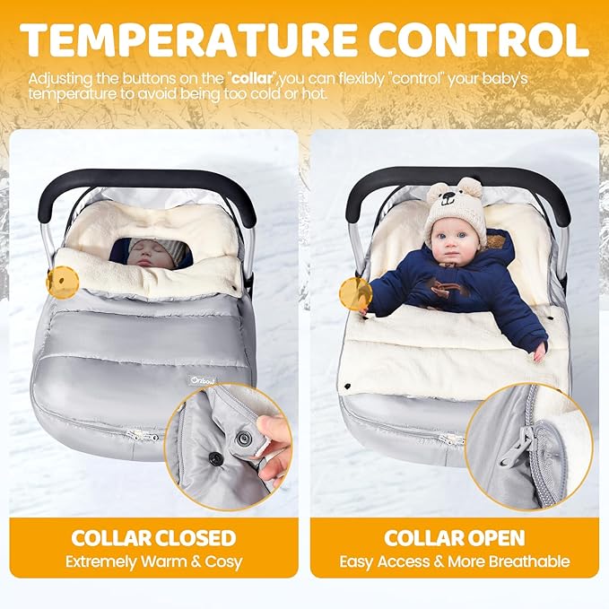 Orzbow Baby Car Seat Cover, Universal Winter Car Seat Cover with Adjustable Collar, Waterproof Carseat Covers Baby with Zipper, Warm Coral Fleece, Detachable and Machine Washable, Light Grey
