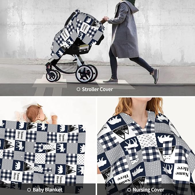 Personalized Woodland Deer and Bear Baby Infant Car Seats Canopy for Babies with Name, Custom Multi-use Blankets for Baby Boys Girls, Peekaboo Minky Breastfeeding Stroller Cover Canopies for Newborn