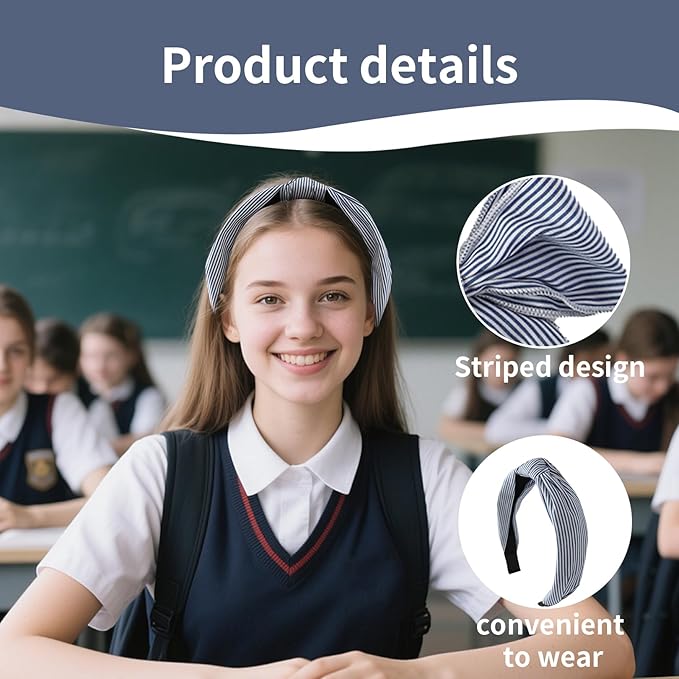 5 Pcs Striped Hair Bows School Uniform Knotted Striped Headband Scrunchies Hair Bow Set Alligator Clips for Toddler Girls Accessories for Little School Girls (Navy Blue)