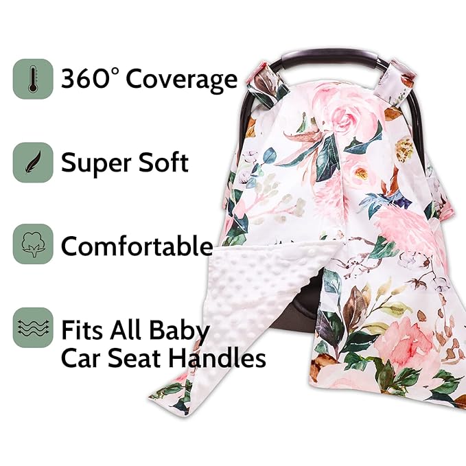 DILIMI Car Seat Covers for Babies, Peekaboo Opening Infant Car Seat Canopy for Baby Boys Girls, 2 in 1 Mom Nursing Breastfeeding Covers, Minky Warm Carseat Canopy for Newborn, Pink Flower