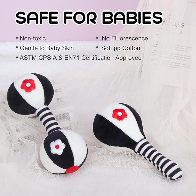 Soft Baby Rattles 0-6 Months - 2 Pack Infant Developmental Toys with Black & White Contrast | Sensory Newborn Toys for Girls & Boys | Set (BPA Free)