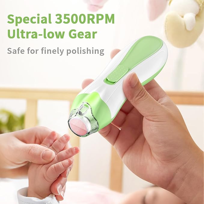 Baby Nail File Electric Baby Nail Care Set with LED Light, Baby Nail Clipper Electric for Newborn/Infants/Adults Toenails and Fingernails, 7 Grinding Head Replacement Pads, Green