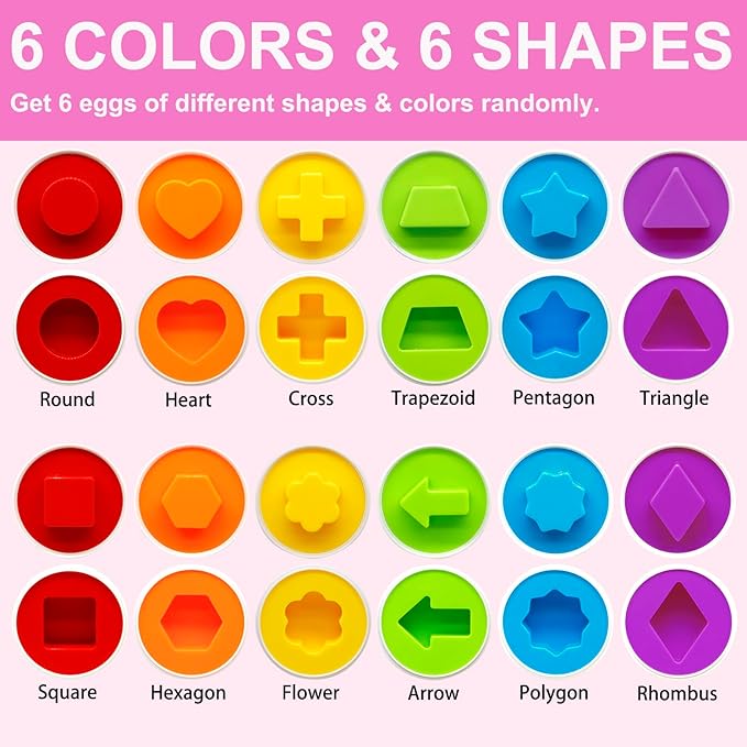 MOONTOY Toddler Toys Easter Eggs Learning Montessori Toys for 1 2 3 Year Old Girl Boy Kid Gift Matching Eggs Educational Color Sorting Baby Puzzle Cognitive Shape Sorter, 6 Eggs Easter Basket Stuffers