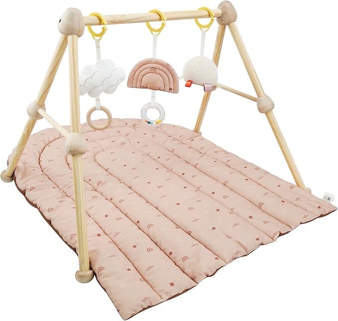 4-in-1 Wooden Baby Play Gym & Activity Mat, Soft Cotton Tummy Time Mat for Babies 0+,with 3 Detachable Toys for Sensory & Motor Skill Development,Newborn Infant Baby Essentials Gift,Blush-Rainbow