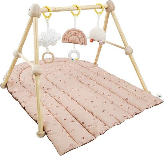 4-in-1 Wooden Baby Play Gym & Activity Mat, Soft Cotton Tummy Time Mat for Babies 0+,with 3 Detachable Toys for Sensory & Motor Skill Development,Newborn Infant Baby Essentials Gift,Blush-Rainbow
