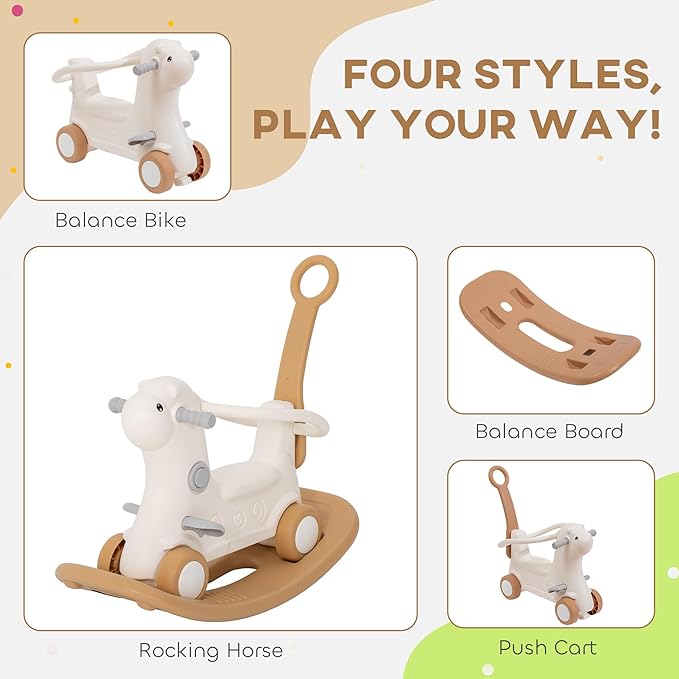 Qaba 4-in-1 Rocking Horse for Toddlers 1-3 Years, Baby Rocking Horse with Detachable Balance Board and Push Handle, Alpaca-Shaped Ride On Toy with 4 Smooth Wheels, for Baby Girls and Boys, Brown