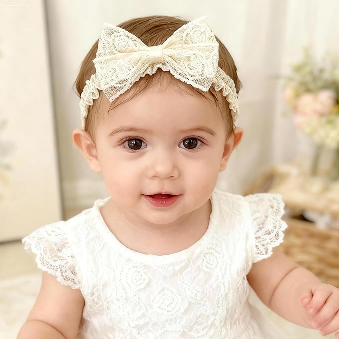 Handmade Baby Girl Headbands in Beige Baby Bows and Floral Lace Headband Bows for Newborns and Toddlers Cute Baby Girl Bows and Newborn Headband Bows