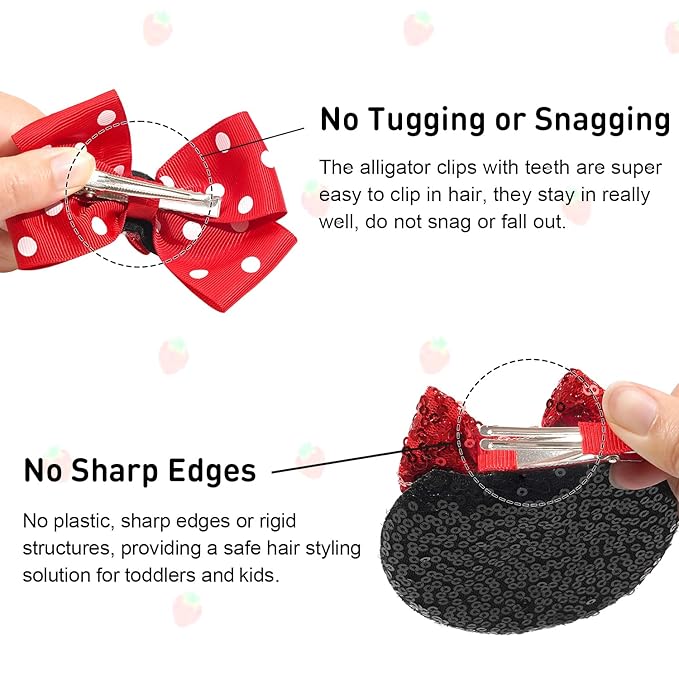 2 Pairs Red Mouse Ears Hair Clips & Mouse Hair Bows Barrettes for baby Girls Accessories Birthday Party Decorations Gift