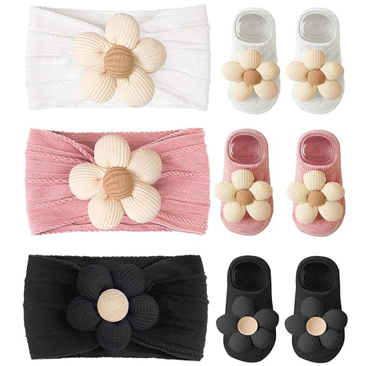 WillingTee Baby Girl Headband and Socks, Non-Slip Floral Socks and Soft Floral Nylon Hairbands for Babies Infants and Toddlers