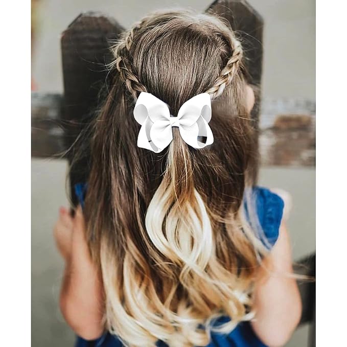 6 PCS 4.5" Grosgrain Ribbon Alligator Clips - Hair Bows for Toddler Girls and Kids (White)