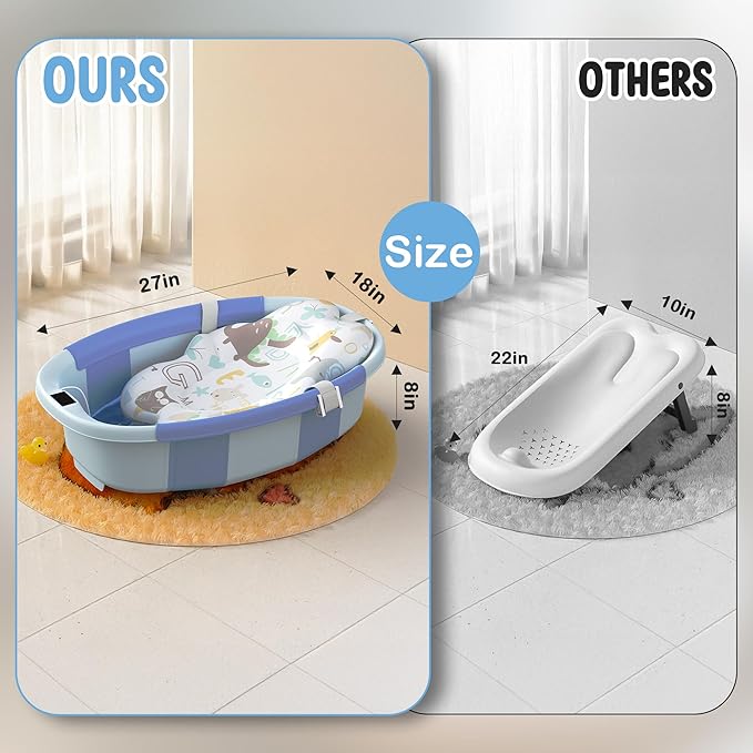 TOSGN Collapsible Baby Bathtub, 3s to Install, Baby Bath Tub with Soft Cushion & Thermometer, 0-36 Months Newborn Bathtub,Portable Travel Baby Tub, Blue