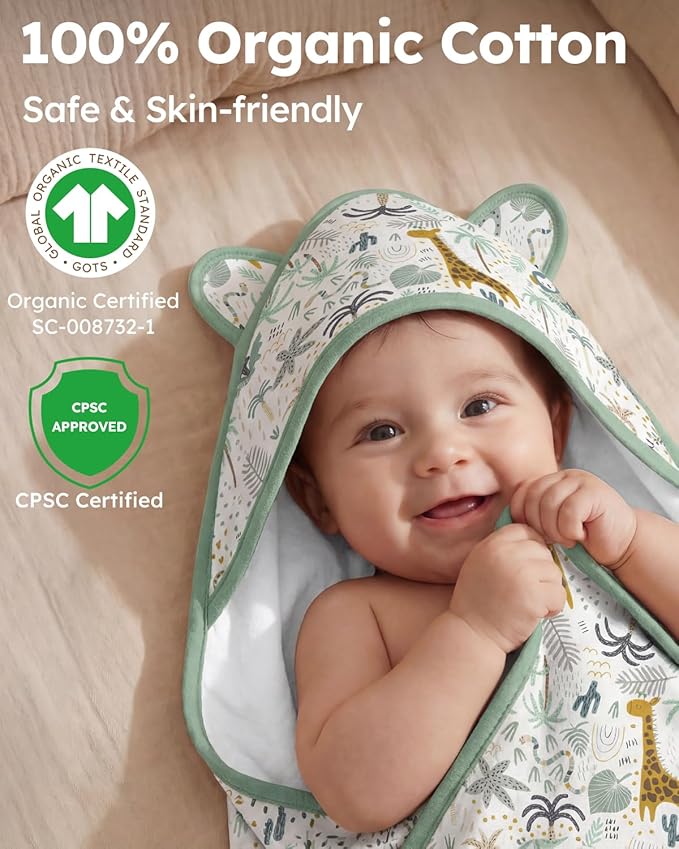 Yoofoss Hooded Baby Towels for Newborn 100% Organic Cotton Baby Bath Towel with Hood for Babies, Infant, Toddler and Kids, 32x32Inch, Soft and Absorbent Newborn Essential