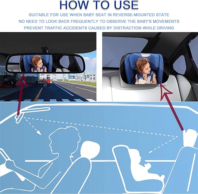 JONMON Baby Car Mirror, Shatterproof Adjustable Infant Rear Facing View Seat Mirror with Large Convex Clear Glass for Fixing Automotive Backseat Headrest