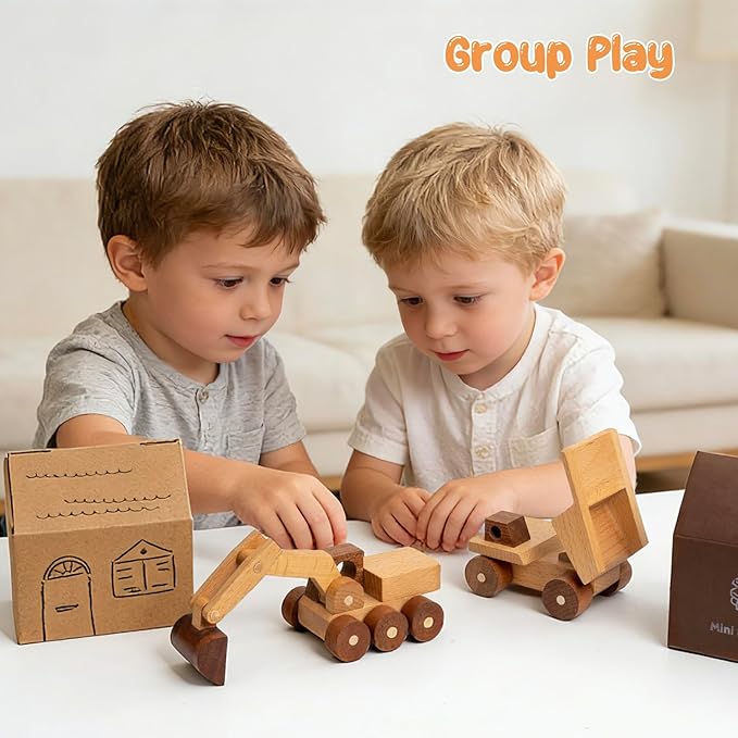 Wooden Toy Cars for 3 Year Old Boys & Girls - Construction Vehicles Set Push Toys for Toddlers, Wood Montessori Car with Rolling Wheels, Natural Wood Toys (Excavator & Dump Truck)
