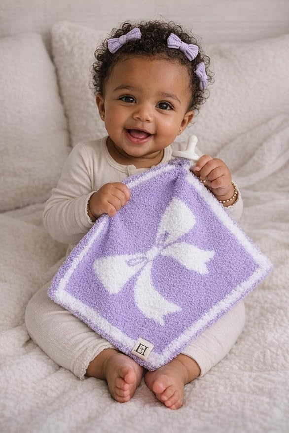 L+L USA Bow Baby Lovey Pacifier/Teether Holder 10"x10" - DreamSoft Plush Fluffy Cuddly Soothie Reversible Mini Comfort Blanket - Cute Girly Newborn Gift Essential for Babies Girls (Lavender/White)