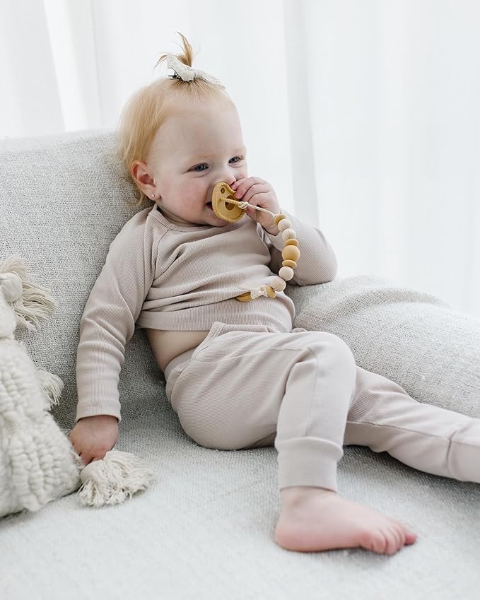 Silicone Pacifier Clip – Metal-Free, Rust-Free, 100% Food-Grade Silicone and Natural Beech Wood, Secure Pacifier Holder for Babies – Sun - Mila & Lulu