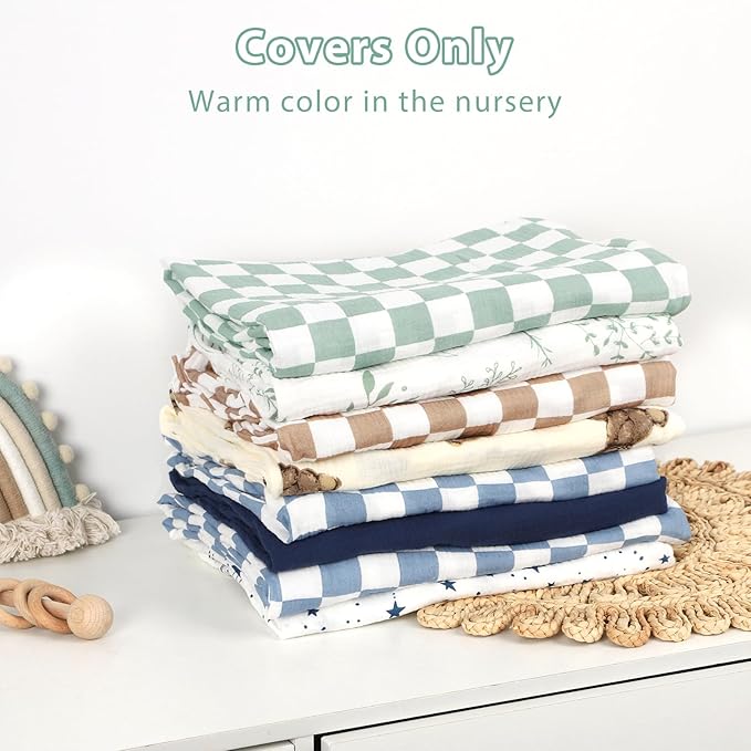 Hooyax Muslin Baby Lounger Cover 2 Pack - 100% Breathable Cotton Soft Infant Lounger Covers, Fits Most Standard Newborn Loungers & Pillows (Green Checker+Leaf)