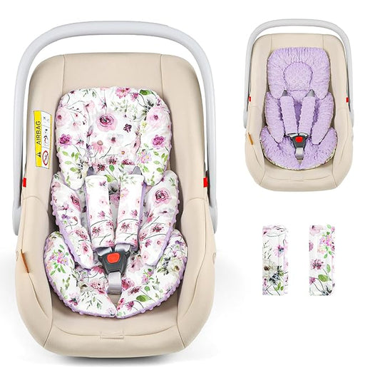 Infant Car Seat Insert Head and Body Support, GFU Reversible Newborn Insert for Carseat With Strap Pads, Soft Stroller Cushion Pillow Insert for Boys and Girls, Fits for Stroller, Swing, Purple Flower