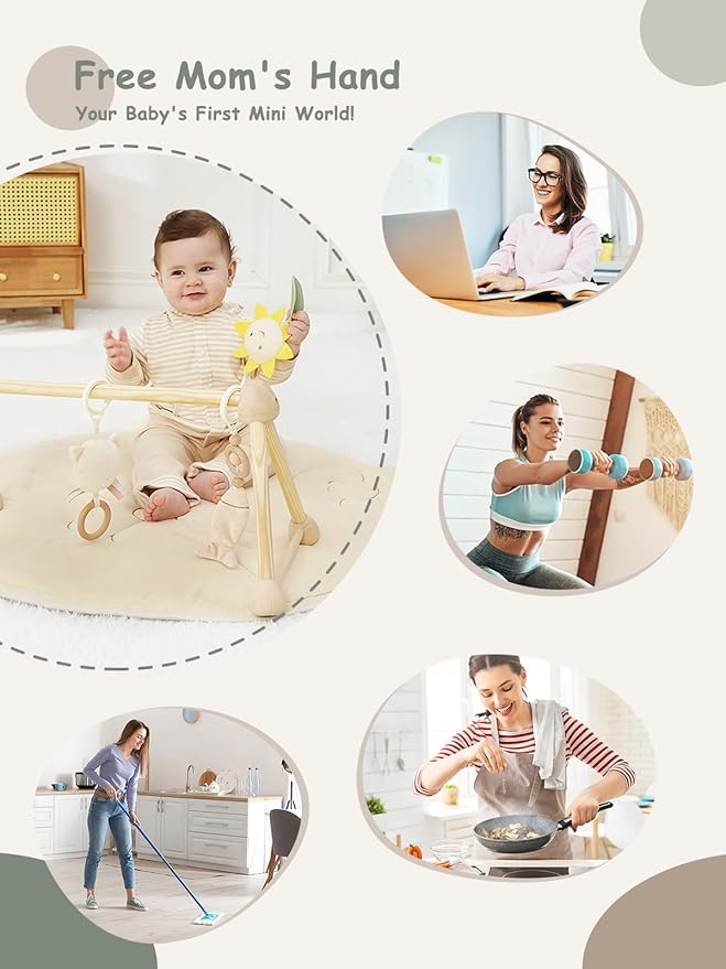 4-in-1 Wooden Baby Play Gym & Activity Mat, Soft Cotton Tummy Time Mat for Babies 0+,with 3 Detachable Toys for Sensory & Motor Skill Development,Newborn Infant Baby Essentials Gift,Kitten