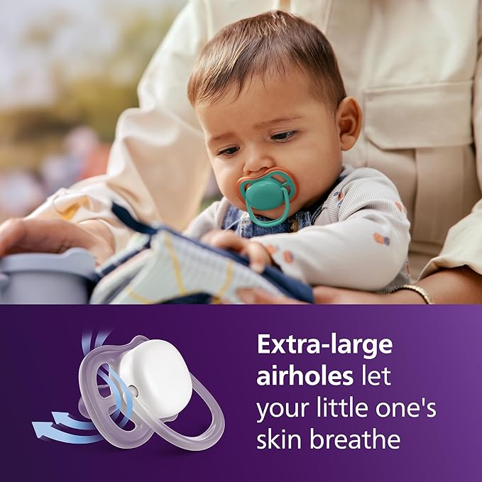 Philips Avent Ultra Air Pacifiers - Orthodontic Design, for Babies 6-18 Months, Soft Silicone Symmetrical Nipple, BPA-Free, 2 Sterilizing Cases, 4 Pack, SCF087/24