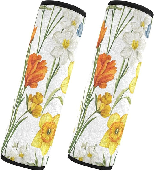 Car Seat Belt Pads Covers 2 Pcs Soft Baby Seat Shoulder Strap Cover for Women Men Kids M Fall Flowers Daffodil Carnation Freesia White