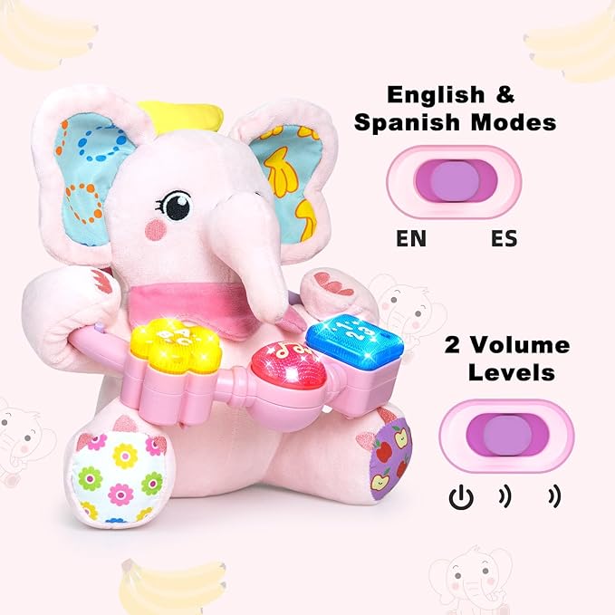 Ryotagift Baby Bilingual Musical Elephant Stuffed Animals Toys,Infant Early Learning Toy with Light-Up Music & Crinkle,Tummy Time Toys for 0 3 6 9 12+ Months for Baby Boy Girl Gift,Pink